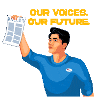 Digital art gif. Man with black hair wearing an “I voted” sticker waves a ballot in the air against a transparent background. Text, “Our voices, our future.”