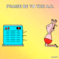 Digital art gif. A shirtless man is prostrating himself in front of the AC unit, which is blowing steadily. Text, "Praise be to the A.C."