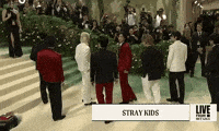 Met Gala 2024 gif. All 8 members of the K-pop band Stray Kids line up in a staggered position wearing Tommy Hilfiger three-piece suits in alternating white, navy blue, and cardinal red, all accented with the other featured colors.