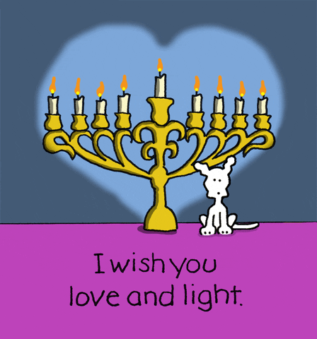 Cartoon gif. Chippy the Dog sits next  to a gold Menorah with nine candles as he wags his tail and waves. Text, "I wish you love and light."
