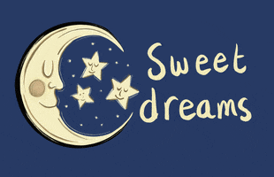 Digital illustration gif. Crescent moon smiles as its sleeps, surrounded by three sleepy cartoon stars that blink on and off. Text, "Sweet dreams."