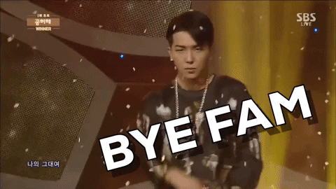 Celebrity gif. Mino from Winner, a Korean pop group. He's dancing on stage and he uses his hand to wave side to side. Text, "Bye Fam."