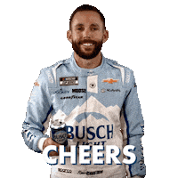 Sponsored sticker gif. NASCAR driver Ross Chastain offers a can of Busch Light beer. He wears a driver fire suit decorated with many sponsor logos with the largest being the Busch Light beer logo across the center of his abdomen. Text reads, “Cheers.”