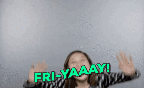 Video gif. Girl jumps up into an otherwise empty gray frame, with wave-like text on the bottom edge reading "Fri-yaaay!"