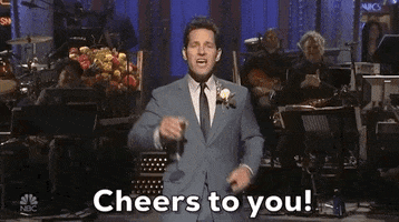 SNL gif. Paul Rudd standing in front of the live band, raising a glass, saying "cheers to you."