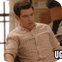 TV gif. Max Greenfield as Schmidt in New Girl rolls his head back as he flops over in a chair. Text, "Ughhhh."