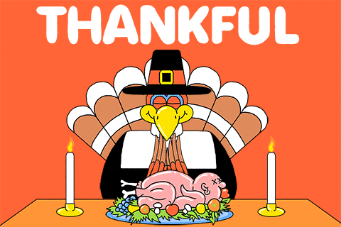 Digital art gif. A turkey has its head down in prayer as it sits in front of skinned poultry. Candles are on the side and the text reads, "Thankful."
