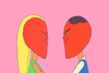 Illustrated gif. A man and a woman have faces that make up two halves of a heart. They come in for a kiss and a full heart appears, filling up. Text, "Happy Anniversary!"