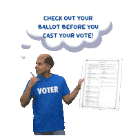 Video gif. Man wearing a blue shirt with the word “Voter” holds a giant ballot in his hand against a transparent background. He taps his pen on his chin and scratches his head quizzically. A thought bubble above him reads, “Check your ballot before you cast your vote!”