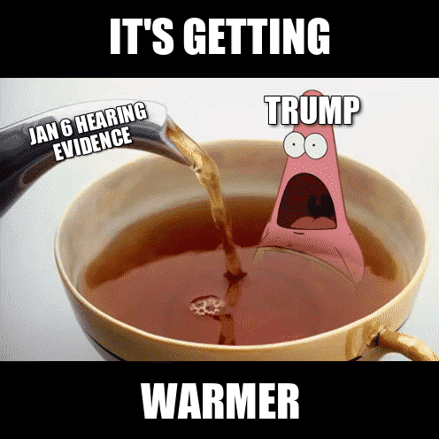 SpongeBob gif. Terrified Patrick labeled “Trump” sits in a cup as it fills with hot tea labeled “Jan 6 hearing evidence.” Caption, “It’s getting warmer.”