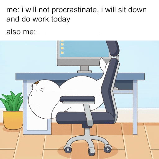 Animated seal is rotating in a chair with the text: “Me: I will not procrastinate, I will sit down and do work today. Also me:”