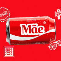 Sponsored gif. A red can of Coca-Cola with the name "Mãe" spins horizontally. Coca-Cola logos on bottle caps and sunglasses are in the background.