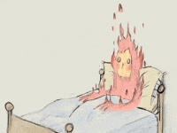 Illustrated gif. Monkey-like character covered in flames sits up in bed with hands on his lap.