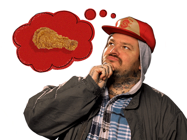 Celebrity gif. Celebrity chef Matty Matheson holds his chin in thought and nods. A red thought bubble above his head contains a fried chicken drumstick.