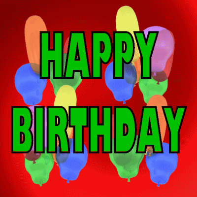 Text gif. Yellow block letter text, "Happy Birthday," overlayed on rainbow balloons floating and spinning in circles against the red background. 