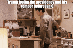 Movie gif. Fed up Joseph Gordon-Levitt as Tom in 500 Days of Summer grabs a plate from a drying rack and slams it into the counter, smashing it to pieces. Caption, “Trump losing the presidency and his temper before Jan 6.”

