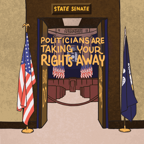 Digital art gif. Entrance to the State Senate flanked by an American flag and the flag of the President of the United States. The doors slam shut, revealing the message, “Politicians are taking your rights away behind closed doors.”