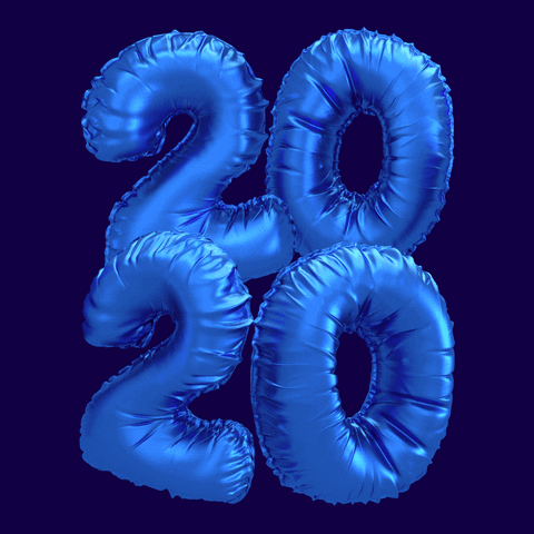 Digital art gif. Big blue balloons that say 2020 float in the middle with a blue background.