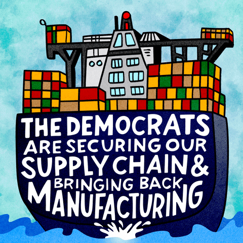 Illustrated gif. Cartoon barge surging through the ocean, loaded with freight, under a delicately overcast sky. Text, "The Democrats are securing our supply chain and bringing back manufacturing."