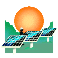Digital art gif. Illustration of a person in a hard hat adjusting one of a row of three solar panels against a bright orange sun. Text appears that reads, "We can create millions of clean energy jobs."