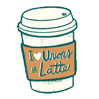Illustrated gif. To-go coffee cup swivels from side to side on a transparent background. Forest green cursive text on the tan sleeve reads, "I heart unions a latte."