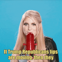 Music video gif. Meghan Trainor in front of a neon blue background and red microphone from her Lips Are Movin video, jump-cutting closer and closer in on her singing lips. Text, "If Trump Republicans lips are moving then they, lie, lie, lie."