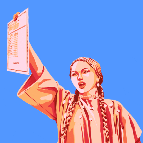 Digital art gif. Animation of a young Native American woman against a bright blue background, holding aloft an election ballot, her mouth open in protest. Text, our voices, our future.