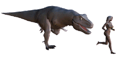 Digital art gif. 3D rendering of a woman being chased by a tyrannosaurus rex.
