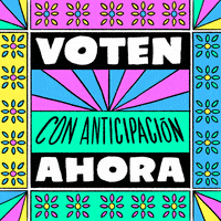 Digital art gif. Colorful sunrise framed by ornate Mexican folk art with daisies and revolving rays, a hand with a filled ballot rising from the a hole in the ground in harmony with the sun. Text, "Voten ahora con anticipación."