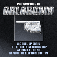 Digital art gif. Sporty block letters surround a display of a diamond in the shape of Oklahoma. Text, "Hashtag-how-we-vote, in Oklahoma. We pull up early to the polls starting 11/2, we grab a friend, we vote on Election Day 11/8," the date circled for emphasis.