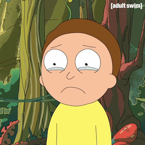 Cartoon gif. Morty's lower lip quivers as tears well in his eyes and he says, "Goodbye."