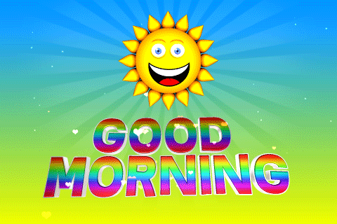 Text gif. A smiling yellow sun beams on a bright blue and green background. Revolving rays beam from the sun. Rainbow text bounces underneath with small hearts radiating from it. Text, "Good Morning."