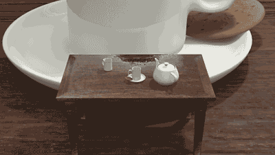 Video gif. We swirl around a brown table that holds a white ceramic teapot, a white mug on a saucer with a cookie, and another white mug. We zoom in towards a tiny brown table in front of the mug, which holds the same table set we just saw as we spin and zoom into the same scene in an infinite loop.