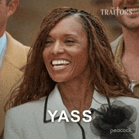 Sponsored gif. Traitors cast member Danielle Reyes smiles and shimmies her shoulders from side to side. Text reads, “Yass.” 