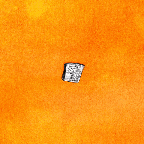 Digital art gif. A folded newspaper spins toward us against an orange background. The paper reads, “Watch out for emotional and exaggerated headlines! Analyze the whole story before sharing.”