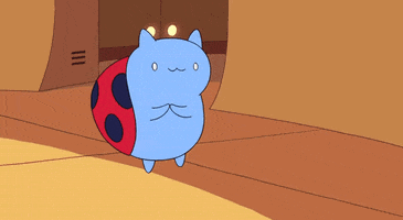 Cartoon gif. Catbug in Bravest Warriors, a blue cat with the back of a ladybug, stands still with a smile on his face. He claps super fast with his little paws.