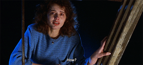 Movie gif. Geena Davis as Veronica from The Fly is on the verge of tears as she gasps the question: Text, "How?"