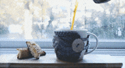 Video gif. Tea pours from a kettle into a mug wrapped in a knit cozy beneath a foggy window.