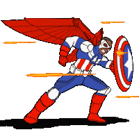 Digital art gif. Black superhero dressed in a Captain America suit with red wings holds up his shield in defense as bullets fly past him against a transparent background.