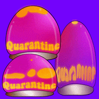 Digital art gif. Glowing orange blobs drip inside three ambient purple and hot pink lava lamps. At the bottom of the lamps, the blobs take form as letters, and they all read, "Quarantine."