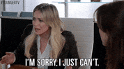 TV gif. Hilary Duff as Kelsey Peters in Younger exclaims, "I'm sorry, I just can't," standing up to leave a meeting upset.