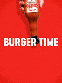 Sponsored gif. Hand shakes an upside down bottle of Frank’s RedHot sauce. Instead of hot sauce, mini burger sliders come out of the bottle. Text reads, “Burger time.”