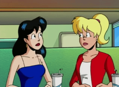 Cartoon gif. Betty and Veronica on Archie sit next to each other at a restaurant booth and in unison, rests their heads in their hands, and sighs. They look up, defeated.