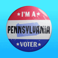 Digital art gif. Round red, white, and blue button featuring the shape of Pennsylvania spins over a light blue background. Text, “I’m a Pennsylvania voter.”