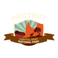 Digital art gif. Inside a shield insignia is a cartoon image of a bright orange rock formation behind the silhouette of a wild elk and a spindly tree. Text above the shield reads, "protect." Text inside a ribbon overlaid over the shield reads, "Capitol Reef National Park."