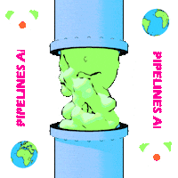 Digital art gif. Pipe pours green goo into another pipe over a transparent background surrounded by spinning globes and clown heads and the scrolling message, “Pipelines are never clean.”