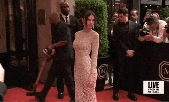 Met Gala 2024 gif. Emily Ratajkowski wearing a sandy sheer Versace gown, poses shoulder first, then shifts, posing square with arm across her torso.