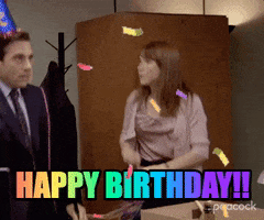 The Office gif. Steve Carell as Michael Scott wears a birthday hat and Ellie Kemper as Erin Hannon holds streamers in her hand. Both are dancing in a festive manner, celebrating someone's birthday in an awkward way. Text, "Happy birthday."