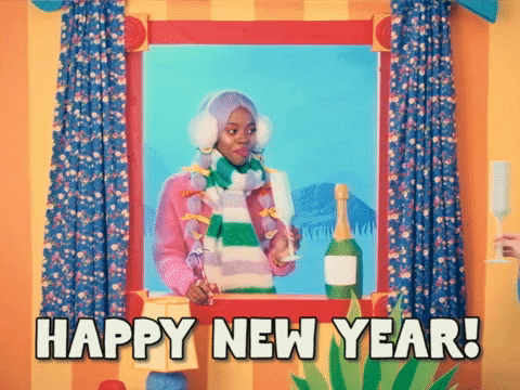 Video gif. A woman in a puppet show holds a champagne flute in one hand and a candy cane in the other. She clinks flutes with a friend and then pretends to chug it. Text, "Happy New Year!"