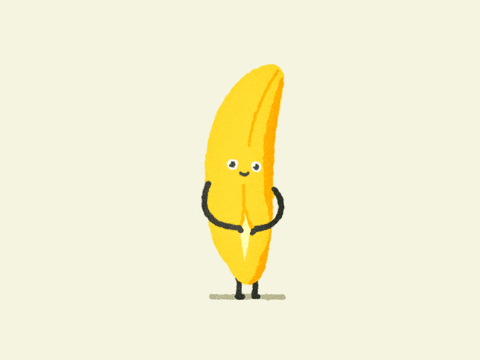 Illustration gif. Yellow banana with a simple face and stick legs and arms looks at us with a blank expression. The banana reaches for the seam of its peel and spreads it open to reveal its fruity insides. It winks at us with a smile.